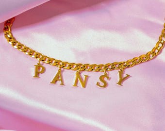 Gold PANSY Letter Charm Necklace, Chunky Chain Stainless Steel LGBTQ+ Pride Jewellery, Queer Pride Gift for Them