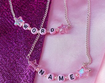 Pink personalised customisable name letter necklace with pink iridescent star beads