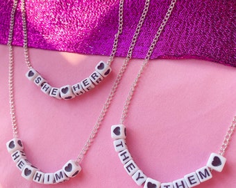 Customisable pronoun necklace, They Them, She Her, He Him | Transgender pride letter word necklace, non binary pride