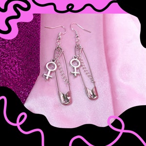 Sicherheitsnadel Ohrringe mit Sicherheitsnadel, Venus Charm mit Kette an Sicherheitsnadel, alternative Ohrringe für Frauen | bisexuelle Ohrringe, sapphische Ohrringe