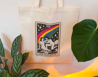 Sapphic Tarot Card Tote Bag: Rainbow Lesbian Pride WLW Cotton Bag