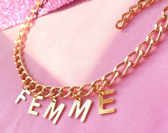 FEMME lettering golden colour necklace, lesbian lgbtq+ pride statement necklace