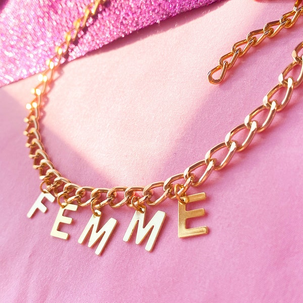 FEMME lettering golden colour necklace, lesbian lgbtq+ pride statement necklace