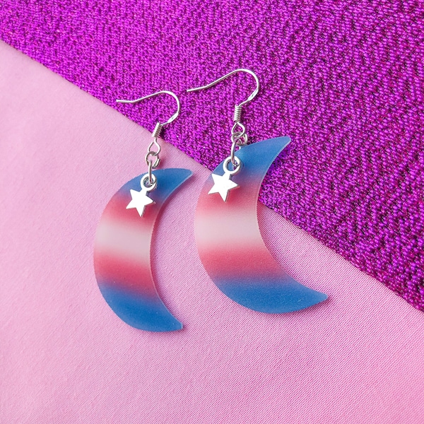 Transgender flag moon earrings, Trans pride flag colours on crescent moon charm with star charm | Trans pride queer earrings