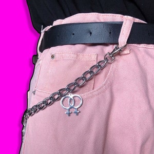 Jean chain with Double venus symbol charms | Chain belt, pants chain, wallet chain with three double female pride symbols. lesbian sapphic