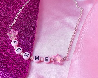 FEMME necklace, cute light pink letter bead necklace with iridescent star charms, sapphic WLW pride statement necklace