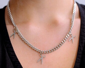 Scissor Charm Chain Necklace, WLW Lesbian Pride Jewelry, Chunky Stainless Steel Sapphic Necklace