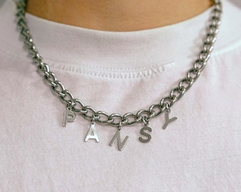 PANSY Letter Charm Necklace, Chunky Stainless Steel Chain, Queer LGBT Pride Jewellery Gift, Reclaimed Word Necklace