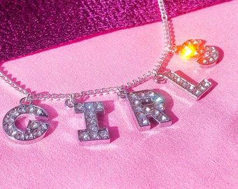 GIRLS sparkly necklace | Rhinestone letters | Silver | Stainless steel option | Customisable | Lesbian pride | Bisexual | Queer valentines