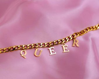 Gold QUEER Letter Charm Necklace, Chunky Chain Stainless Steel LGBTQ+ Pride Jewellery, Queer Pride Gift
