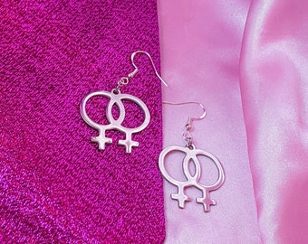 Double Venus symbol stainless steel charm earrings | Silver colour lesbian pride earrings, sapphic WLW earrings