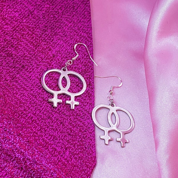 Double Venus symbol stainless steel charm earrings | Silver colour lesbian pride earrings, sapphic WLW earrings