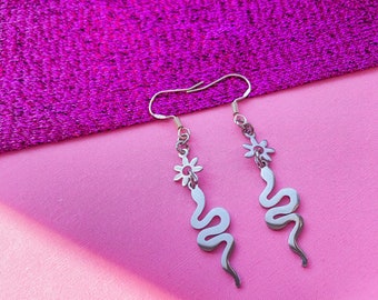 Snake pendent earrings, serpent stainless steel earrings | snake with flower charm earrings, serpent charm jewellery