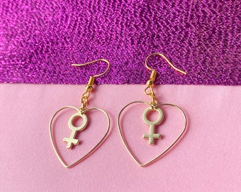 Venus love heart shape earrings, gold colour. Female symbol charm inside hollow love heart | Sappho earrings, lesbian earrings