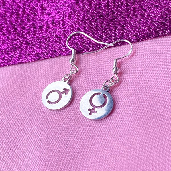 Venus and Mars symbol stainless steel circle charm earrings | Silver colour bisexual pride earrings, LGBTQ+ queer trans pride earrings