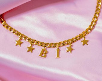 Gold Bi Letter Charm Necklace, Chunky Chain Stainless Steel LGBTQ+ Pride Jewellery, Bisexual Pride Gift for Her or Them