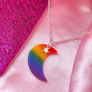 Rainbow Pride Flag Crescent Moon Necklace with Star Charm