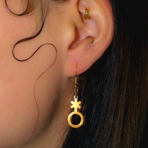 May include: Gold-colored dangle earring featuring a symbol with a circle and a starburst design. The earring hangs from a gold-colored hook. The image shows a close-up of the earring on a person's ear, with dark hair in the background.