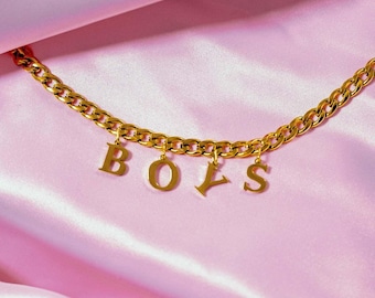 Gold BOYS Letter Charm Necklace, Chunky Stainless Steel Chain, MLM Gay Pride Jewellery Gift, Queer LGBT Necklace