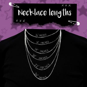 May include: A black background with the text "Necklace lengths" and six silver chain necklaces of varying lengths. The lengths are labeled as 14, 16, 18, 20, 22, and 24 inches. The background is purple with a star pattern.