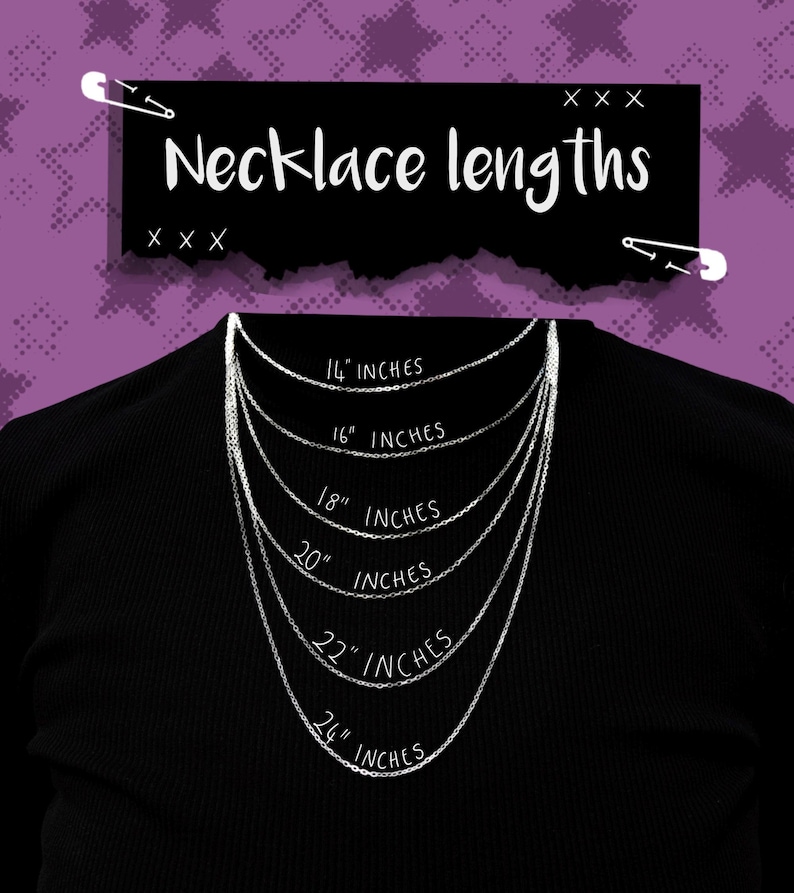 May include: A black background with the text "Necklace lengths" and six silver chain necklaces of varying lengths. The lengths are labeled as 14, 16, 18, 20, 22, and 24 inches. The background is purple with a star pattern.
