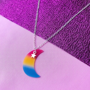 Handmade Pansexual Pride Crescent Moon Necklace with Star Charm