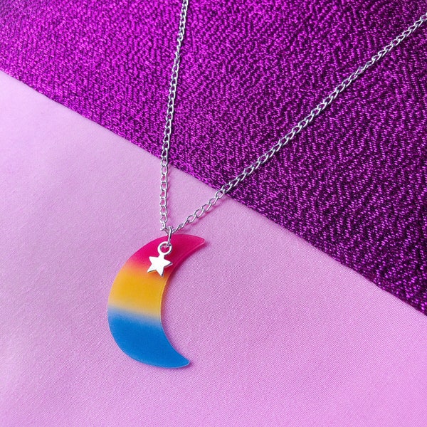 Pansexual pride flag necklace, handmade pansexual pride flag colours on a crescent moon charm