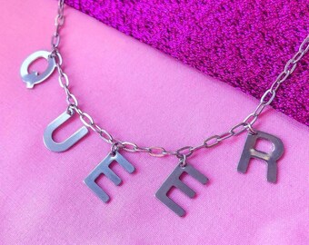 QUEER letter silver colour necklace, LGBTQ+ pride statement necklace