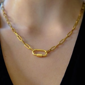 Può includere: Una collana a catena color oro con chiusura ovale. La collana è composta da segmenti ovali collegati. La chiusura è un ovale più grande con chiusura a barra rettangolare. La collana è indossata intorno al collo.