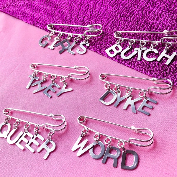 Letter charm word brooch, kilt pin safety pin brooch badge pin | Custom brooch, Girls, Butch, They, Dyke, Queer pin, gay pride accessory