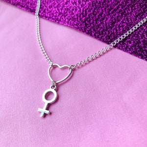 Venus symbol and love heart silver necklace | Female symbol charm necklace, lesbian pride necklace