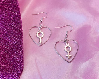 Mars and venus charm and love heart earrings, male and female symbol earrings. Silver colour mars charm earrings, bisexual pride earrings