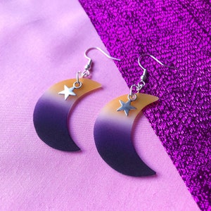 Non binary flag moon charm earrings, Non binary pride flag colours as a crescent moon with star | Enby pride earrings