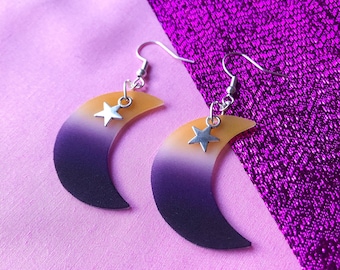 Non Binary Pride Crescent Moon Earrings: Enby Flag Star Charm
