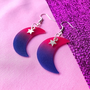 Bisexual flag moon charm earrings, Bisexual pride flag colours as a crescent moon with star | Bi pride earrings