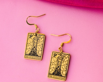 Gouden guillotine-tarotkaartoorbellen, Eat The Rich-oorbellen, gotische politieke sieraden, roestvrijstalen revolutie gegraveerde hanger