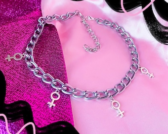 Venus charms on chunky necklace chain, sapphic lesbian WLW pride choker, industrial heavy gay pride chain