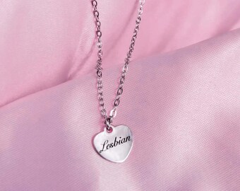 Lesbian Engraved Love Heart Necklace, Stainless Steel Pride Jewelry, WLW Sapphic Gift, Identity Statement Necklace
