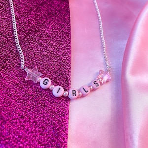 GIRLS necklace, cute light pink letter bead necklace with iridescent star charms, sapphic pride statement necklace with your choice of chain