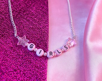 GIRLS necklace, cute light pink letter bead necklace with iridescent star charms, sapphic pride statement necklace with your choice of chain