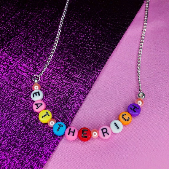 Eat the rich necklace, ETR colourful beaded letter necklace | eat the rich jewellery, communist necklace, left wing gift, socialist necklace