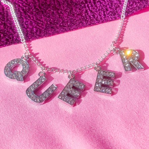 QUEER Diamanté letter Necklace | Gay pride Necklace, sparkly Rhinestone Letter necklace, sapphic necklace, WLW, MLM, Sappho, Lesbian, gay