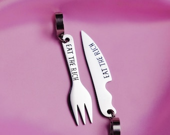 Eat the rich mes- en vorkoorbellen, unieke rare oorbellen, 304 roestvrij staal, Franse revolutie, communistische socialistische accessoires