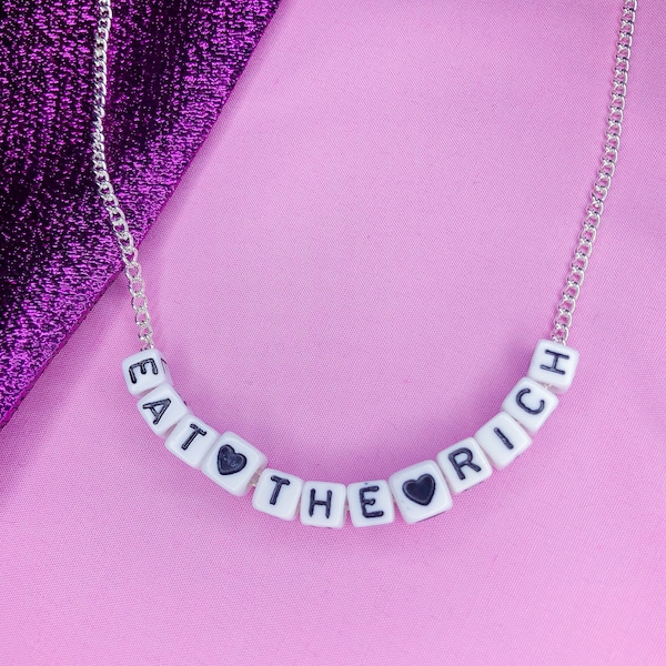 Eat the rich necklace, ETR white letter bead necklace | eat the rich jewellery, communist necklace, left wing gifts, socialist necklace