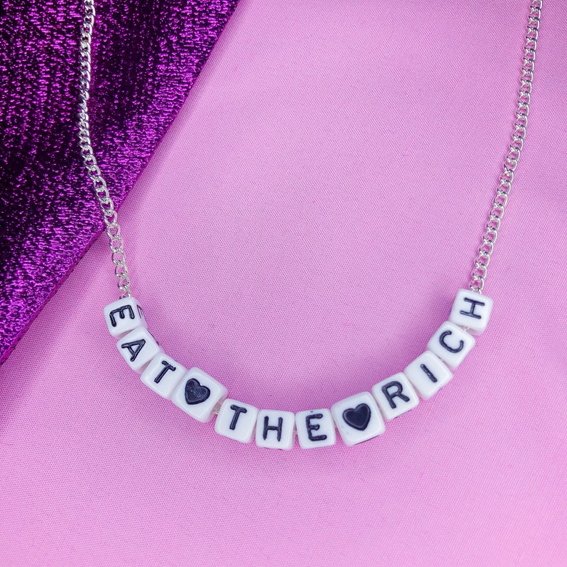 Eat the rich necklace, ETR white letter bead necklace eat the rich jewellery, communist necklace, left wing gifts, socialist necklace image 1