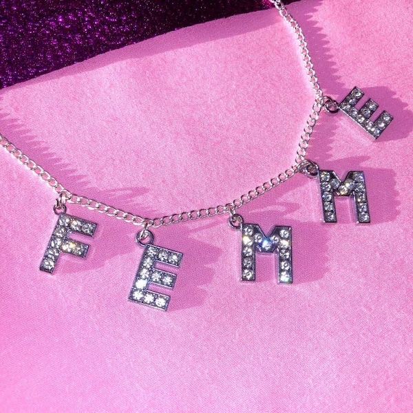 FEMME Diamanté letter charm necklace, Femme Lesbian pride sparkle necklace | Glittery rhinestone word necklace, Sapphic gay pride jewelry