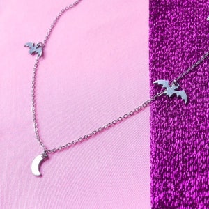 Halloween Bat and Moon Stainless Steel Necklace: Witchy Gothic Jewelry