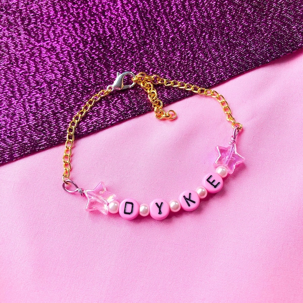 Pink DYKE word bracelet, pink dyke letter and star beads on a chain bracelet | lesbian jewellery, sapphic WLW pride bracelet