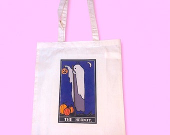 The Hermit tarot card tote bag | Original design, Halloween Ghost tote bag, Pumpkin lantern, Spooky season, witchy tote bag, all hallows eve