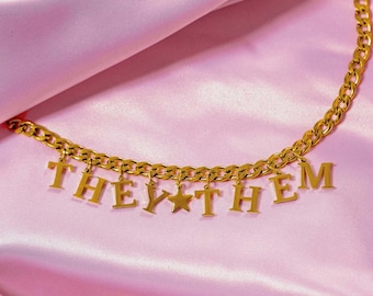 Gold They Them Letter Charm Necklace, Chunky Chain Stainless Steel LGBTQ+ Pride Jewellery, Non-Binary Pronoun Gift